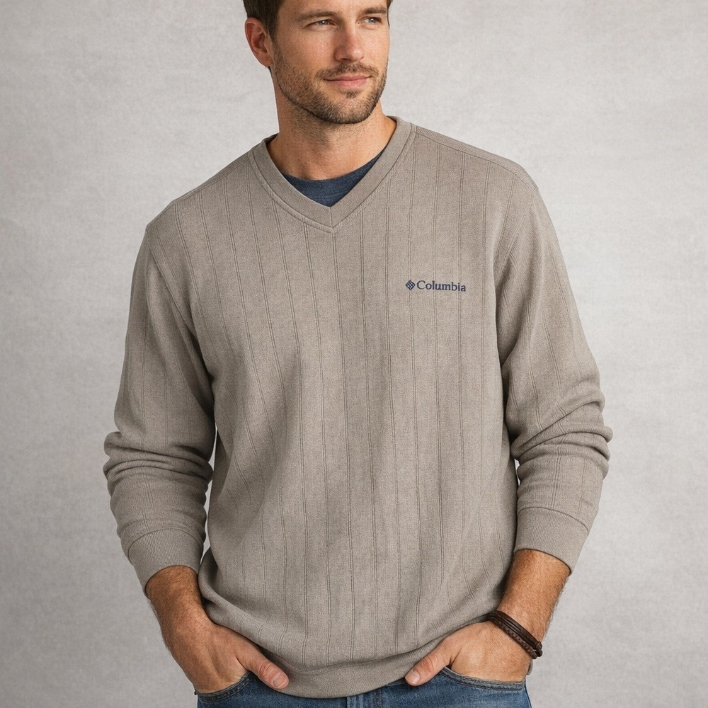 Columbia Pullover Sweater Mens XXL Tan V-Neck Vertical Ribbed Knit